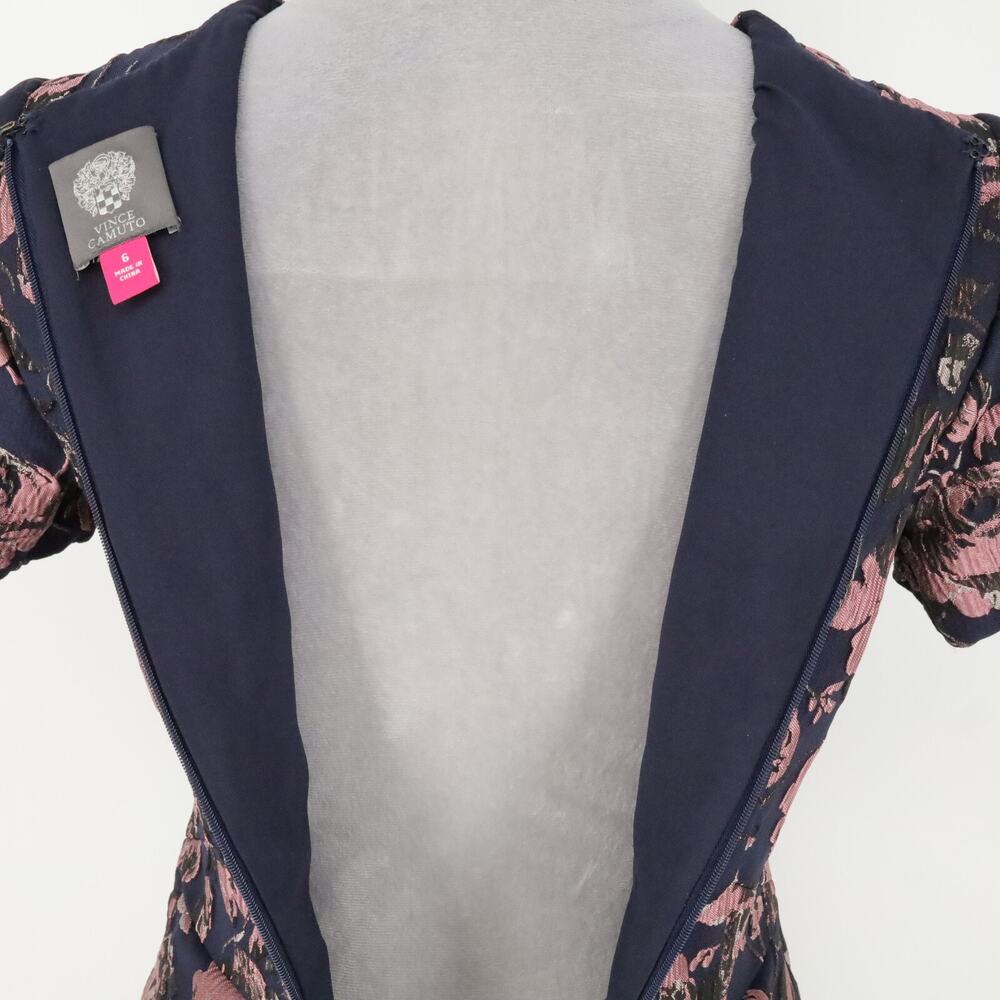 Vince Camuto Dress Womens 6 Navy Blue Pink Floral Brocade Pleated Lined Pockets - Picture 11 of 16